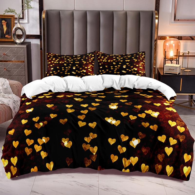 

Bedding Sets Gold Love Pattern Duvet Cover With Microfiber Soft Comforter Zipper Closure Corner Ties
