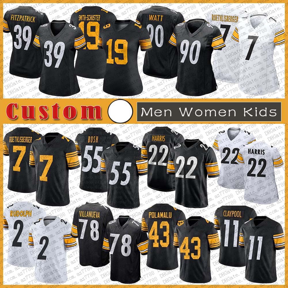 

22 Najee Harris 7 Ben Roethlisberger Custom Men Women Kids Football Jersey 11 Chase Claypool 39 Minkah Fitzpatrick 90 T.J. Watt Devin Bush Troy Polamalu Diontae Johnson, Shown