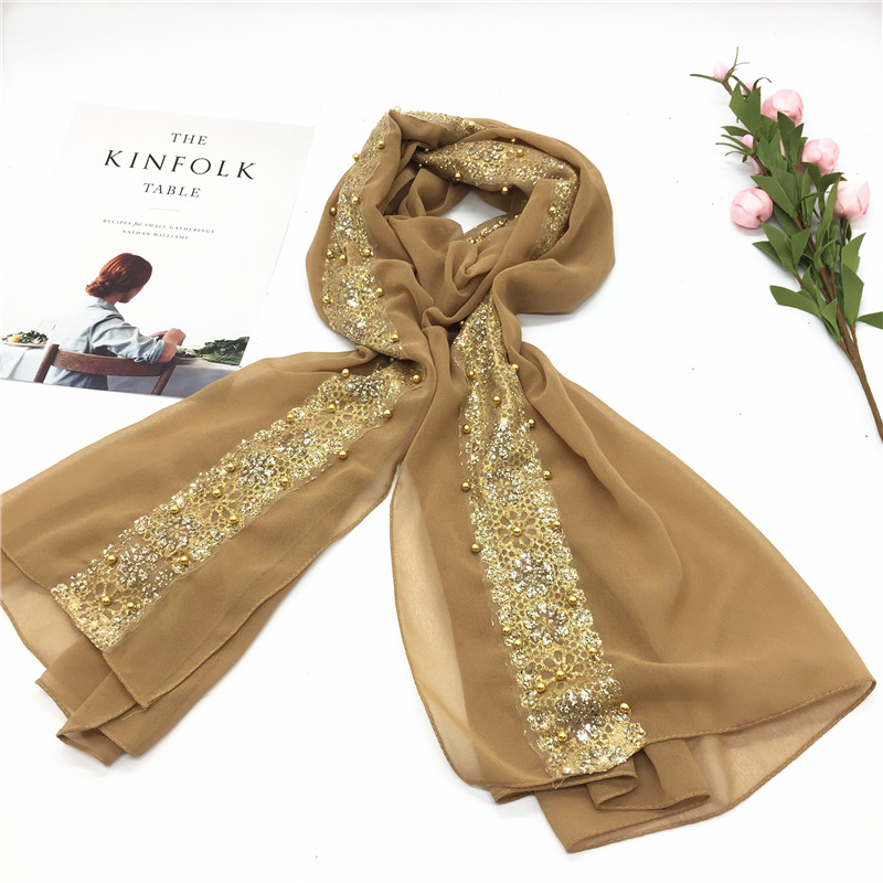 

Ladies Shawl Pearl Sequined Gold Pink Beaded Chiffon Scarf, Blue;gray