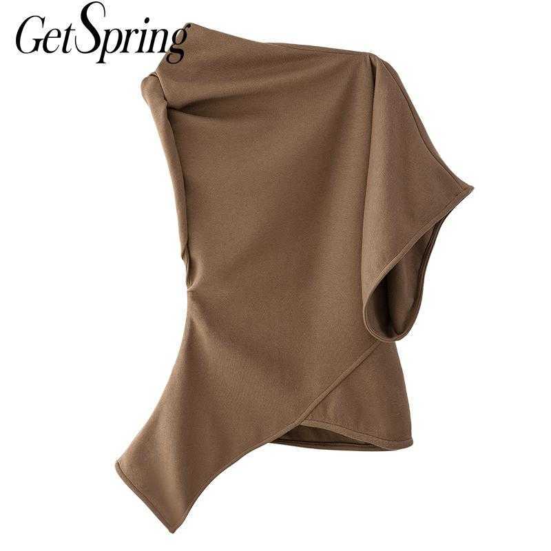 

GetSpring Women T Shirt Slash Neck One Shoulder Asymmetric Tshirt Irregular Summer Tshirts Sexy Tee Female T-shirt 210601, White