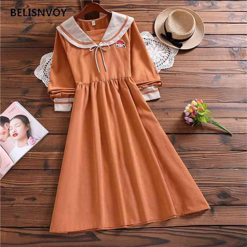 

Women Autumn Winter Slim Orange Dresses Sailor Collar Long Female Vestidos Ulzzang Chic Kawaii Loose Midi 210520