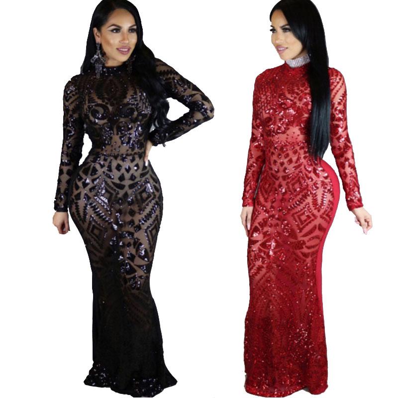 

Casual Dresses 2021 Sexy Perspective Long Sleeve Black Sequined Party Dress Bodycon O Neck Paty Tight Package Vestidos De Fiesta
