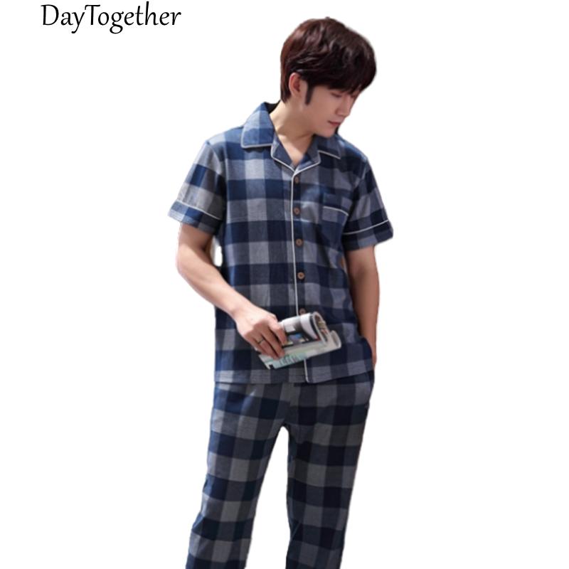 

Men's Sleepwear Summer Cotton Pajamas Short Sleeves Plaid Casual Male Nightgown Suit Two-Piece Homewear, Style3