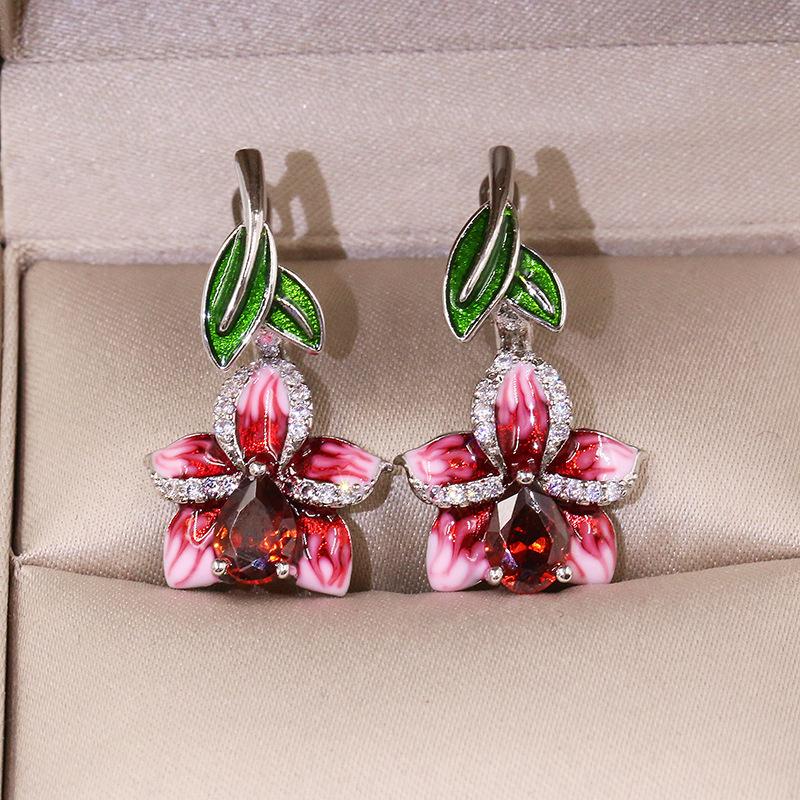 

Earrings & Necklace Ladies Peach Blossom Lotus Wedding Jewelry Set Elegant Temperament Pink Enamel Flower Ring Earring, Silver