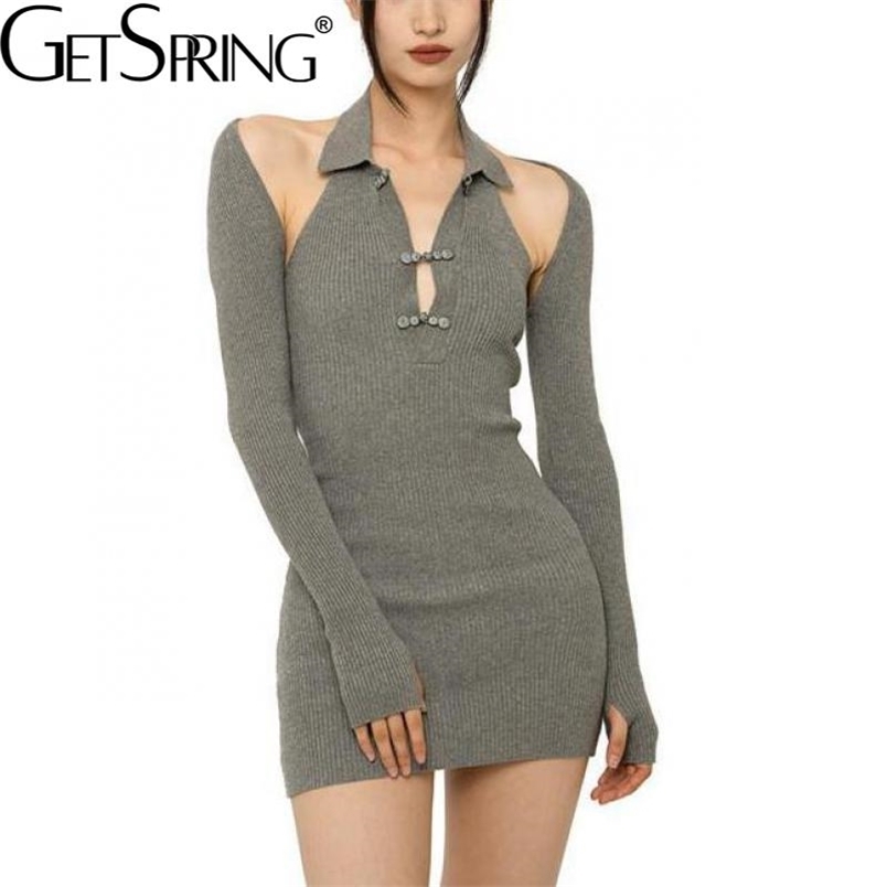 

GetSpring Women Sets Knitted Dress Set Long Sleeve Knitting Short Coat With Slim Halter Mini Dress Two Piece Sets Autumn 211109, Gray
