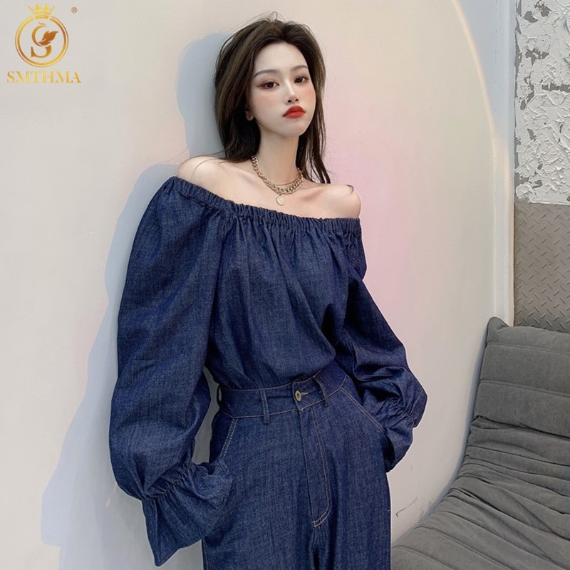 

Fashion Korean Street Style Two Piece Set Sexy Off Shoulder Loose Flare Sleeves Denim Blouse + Straight Wide-Leg Pants Suit 210520, Photo color