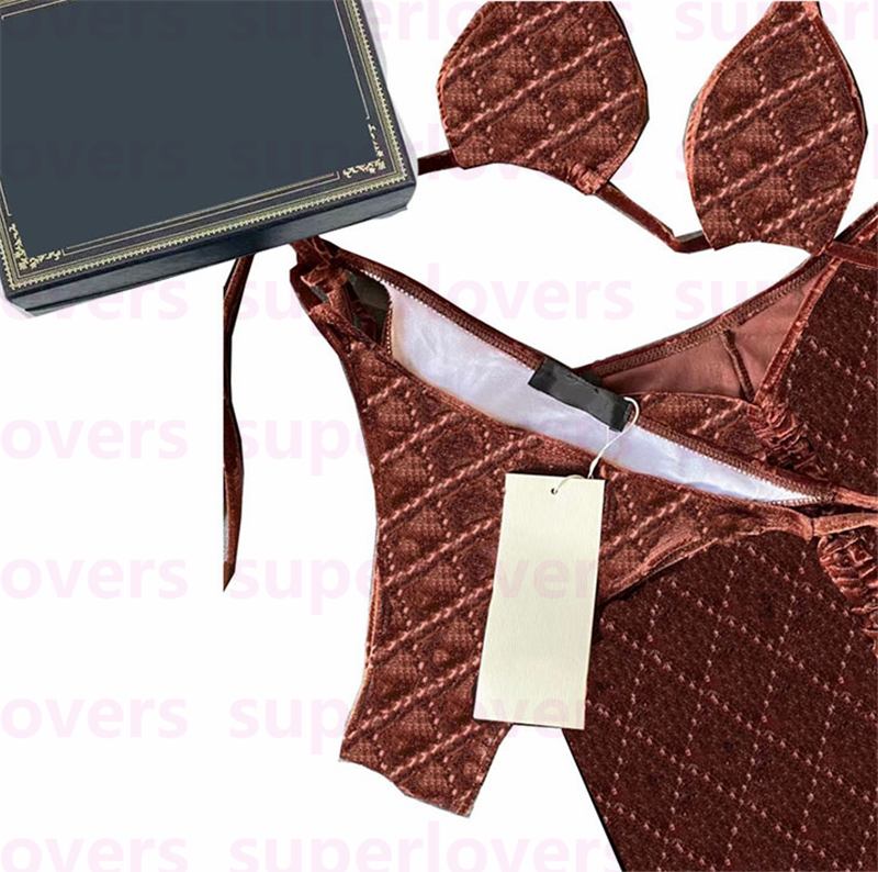 

Classic Letters Jacquard Bikinis Fashion Sexy Split Bathing Suit with Tie Womens Charm Elegant Beachwear 3PCS set 3 Colors New Arrived Swimwear, Brown/with label