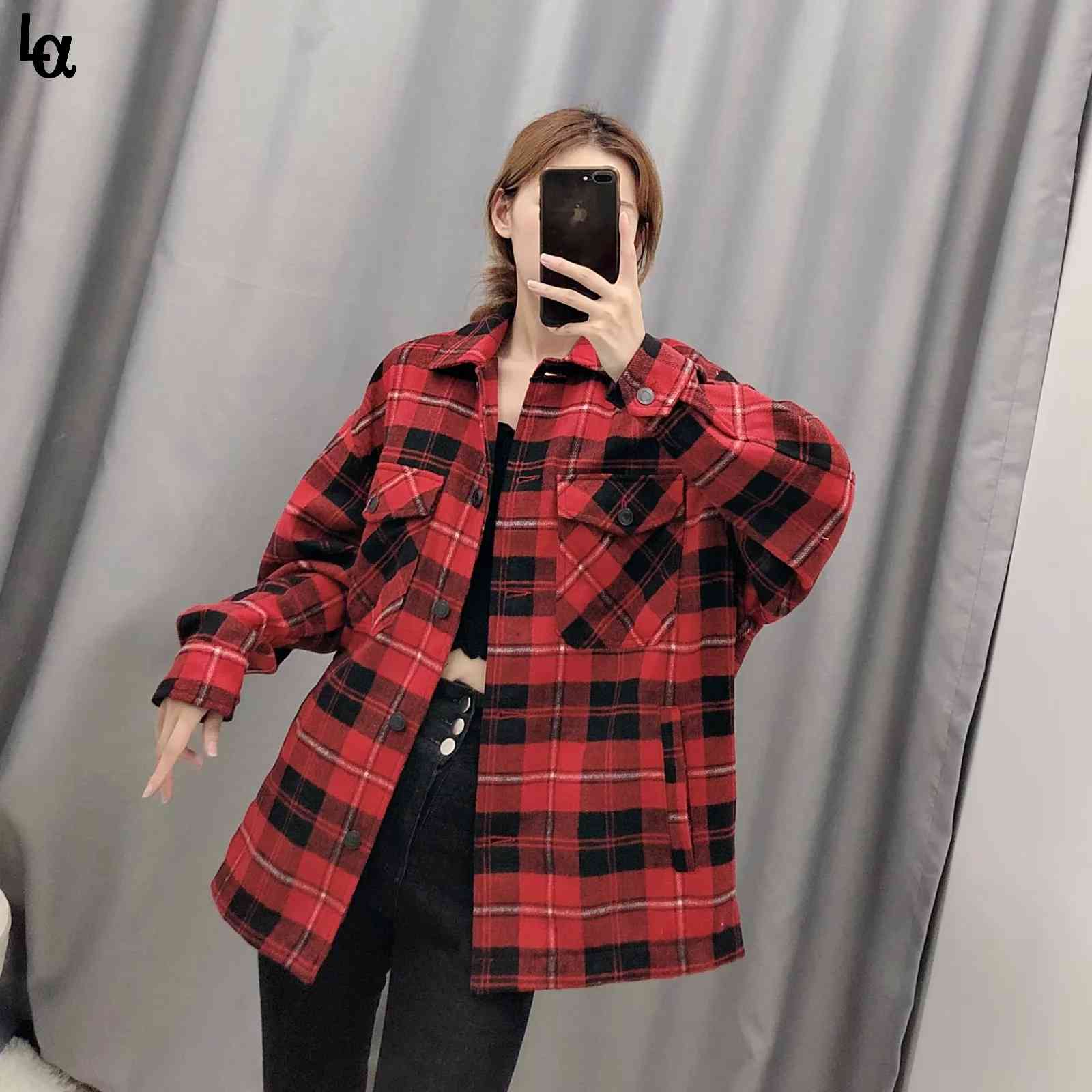 

Plaid Jacket Women Coat Spring Autumn Vintage Stylish Pockets Oversized Casual Warm Chic Tops Outwears 210519, Gray