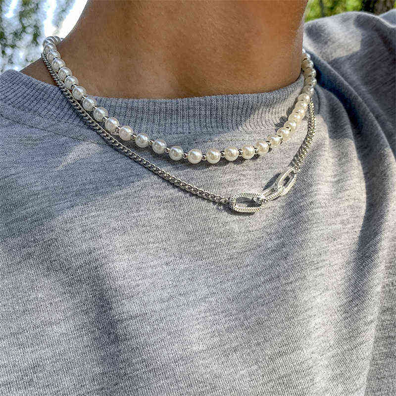 

Retro Creative Geometric Design Imitation Pearl Necklace Personality Hip Hop Style Men and Women Same Jewelry Accessories Gift