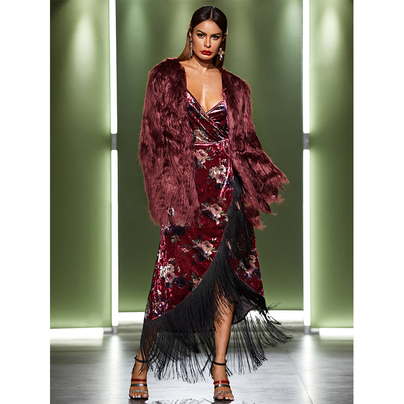 

High-end dark red imitation cashmere women's fur coat, high-quality stand-up collar, retro comfort, warmth, fashion travel and commute, Black