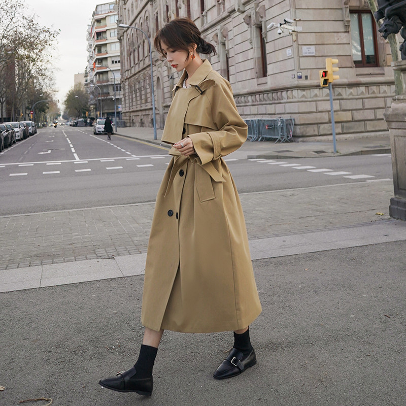 

Casual Dresses Spring Khaki Trench Coat Female Middle Long Section Double Breasted Bandage Windbreaker Super Classic Style Outerwe