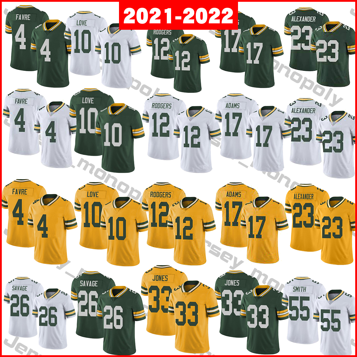 

2021 Football Jerseys 4 Brett Favre 10 love 12 Aaron Rodgers 17 Davante Adams 23 Jaire Alexander 26 Darnell Savage Jr 33 Aaron Jones 50 Blake Martinez 55 Za'Darius Smith, As