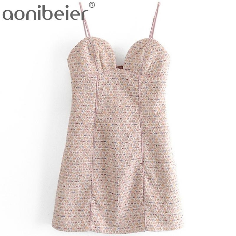 

Spring Autumn Sleeveless Spaghetti Strap Women Tweed Blended Mini Dress Female Zipper Back Textured Sweetheart 210604