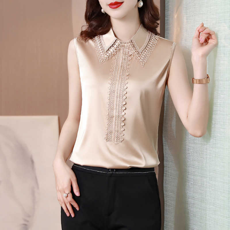 

Korean Summer Blouse Women Chiffon Tops Sleeveless Plus Size Female Solid Lace Shirt Woman Polo Neck Shirts OL 210604, Malachite blue