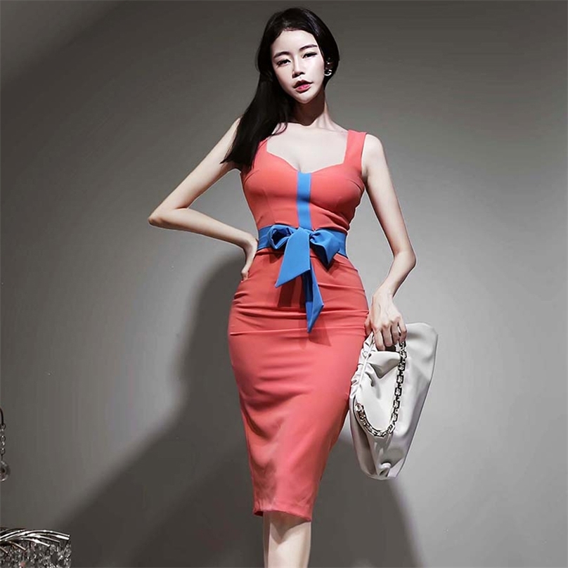 

Fashion Dress for women Summer korea Red Sleeveless V neck with bow Sundress Sexy Office Party Bodycon Dresses 210602, Watermelon red