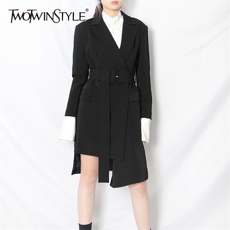 

Patchwork Black Dress For Female Notched High Waist With Sashes Elegant Women Summer Fashion Clothes 210520