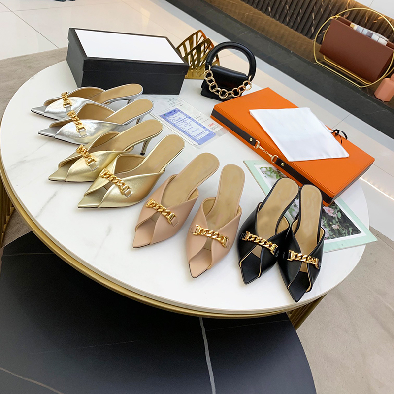 Cuir véritable talons talons stiletto pantoufles mode pointu tree femmes été femmes sexy fête chaussures 7,5 cm chaîne à talons hauts tongs taill
