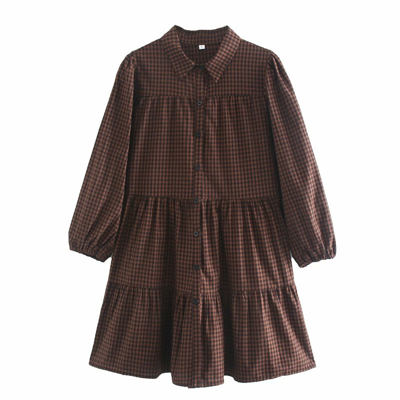 

Casual Dresses Women Autumn Sprint Vintage Plaid Cotton Mini Female Elegant High Waist Long Puff Sleeve Pleated Shirt Short Dress, Brown