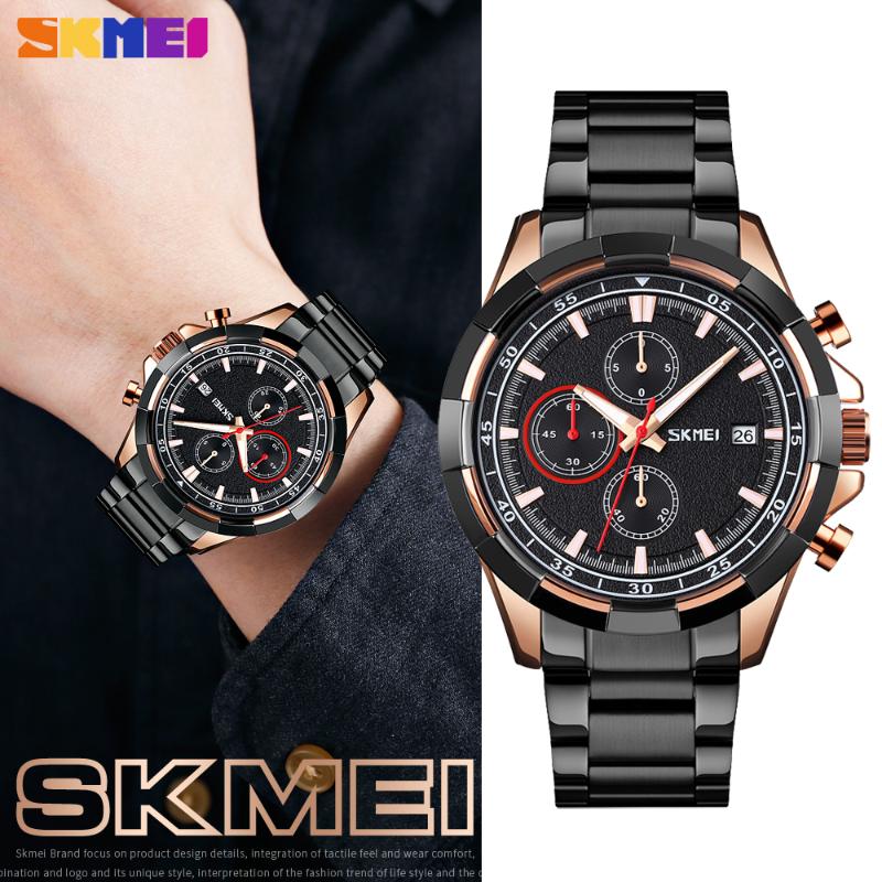 

Wristwatches SKMEI Outdoor Sport Quartz Luminous Men's Watch Stainless Steel Waterproof Clock Stopwatch Male Relogio Masculino, Silver-black