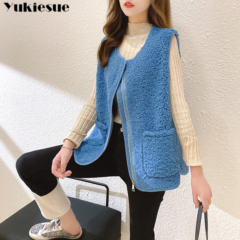 

Autumn Winter Lmitation Lamb Wool Vest Women Solid Loose Sleeveless Jacket Oversize Warm Coat Women's Blue Beige 210518, White