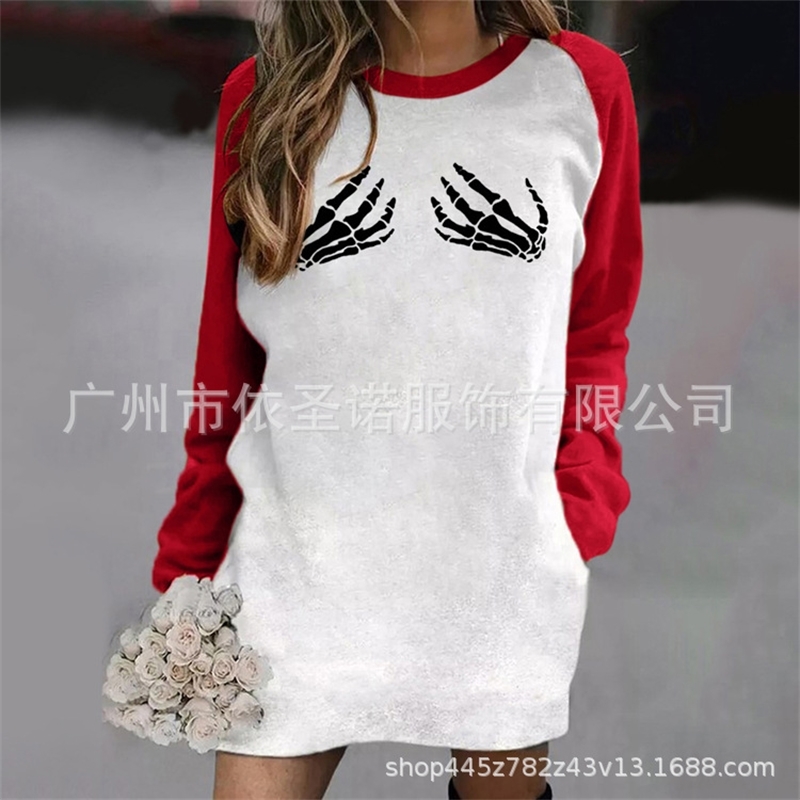 

Halloween Printed round neck casual contrast color sweater for women, Black