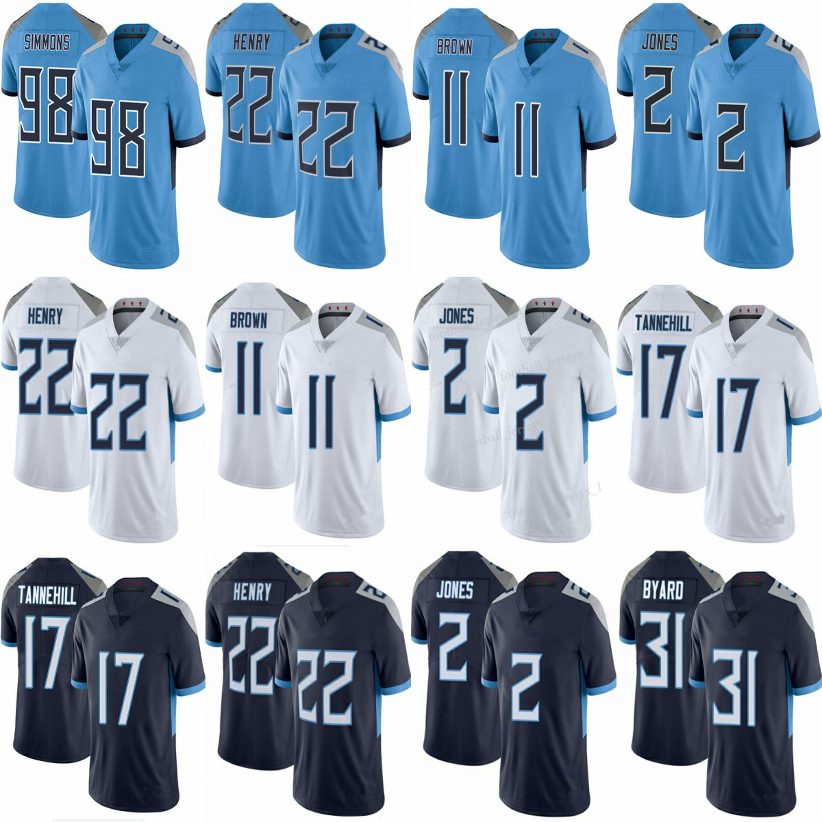

Mens Womens Kids Youth 22 Derrick Henry 2 Julio Jones Tennessees AJ Brown Titanes Football Jerseys Ryan Tannehill farley Kevin Byard Taylor Lewan Jeffery Simmons, Shown