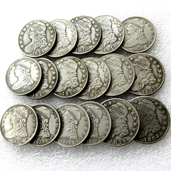 

US Mix Date 1807-1839 17pcs CAPPED BUST HALF DOLLAR Craft Silver Plated Copy Coin metal dies manufacturing factory Price