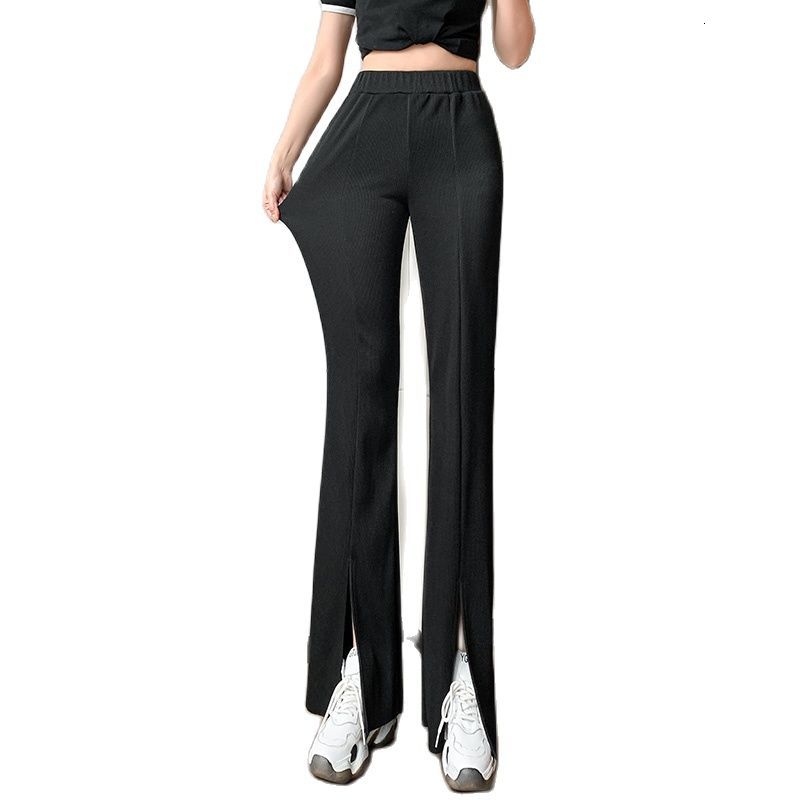 

Women' Pants & Capris Split Fork Flare Wide Leg Womens Korean Fashion Straight Long Elastic High Waist Casual Cotton Trousers Wo, Black