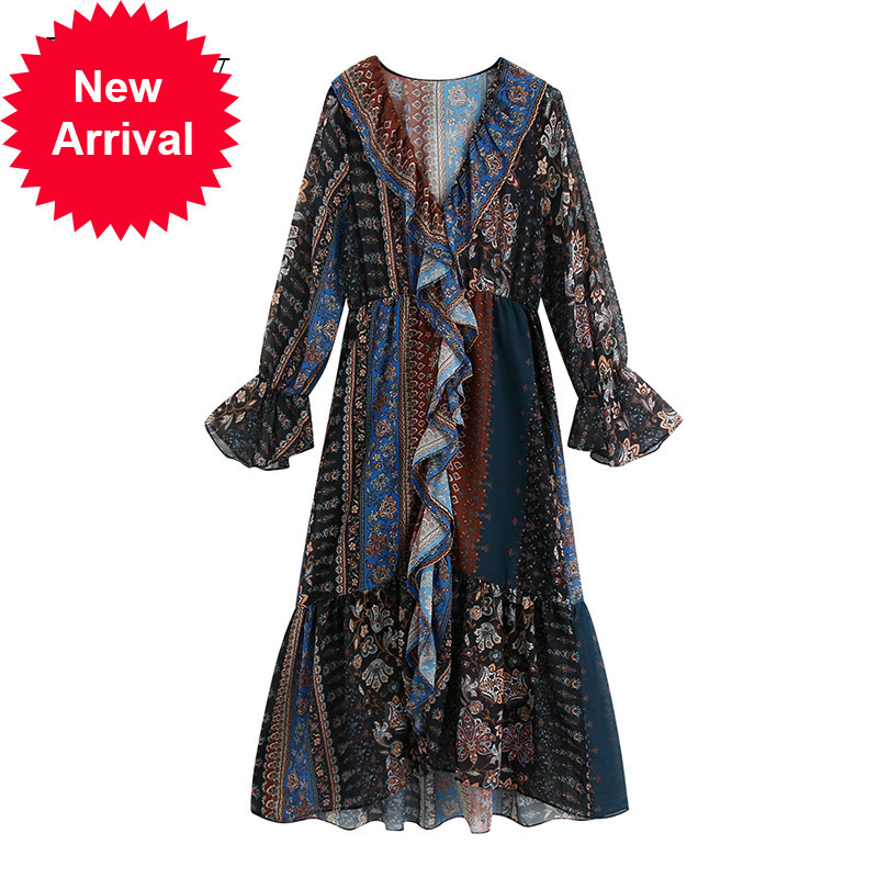 

V Neck Boho Floral Dress Woman Flare Long Sleeve Pleated Midi Ruffles Beach Print Autumn Spring 2020 Vestido, Black;gray