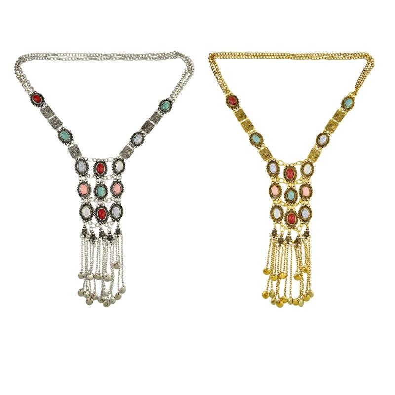 Pendant Necklaces Ethnic Gold Silver-color Plated Chain Green Stone Beaded Opal Long Tassel Statement Choker Necklace For Women Jewelry-image-704479924