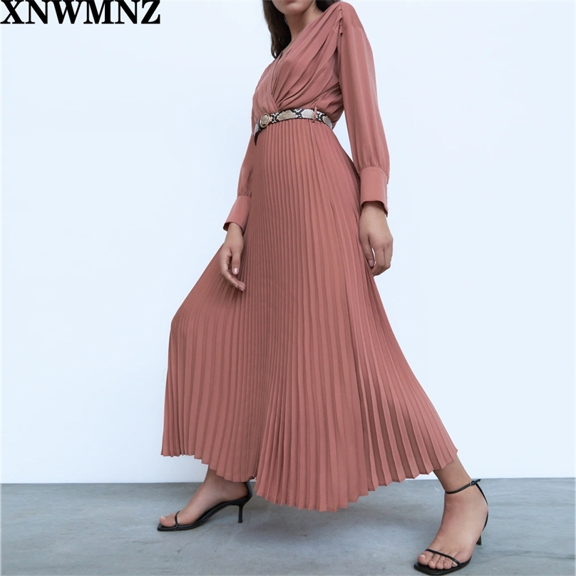 

dress Solid V Neck Dresses Women Fashion Tie Belt Waist Dress Elegant Pleated Ankle Length Female Ladies 210520, Brown