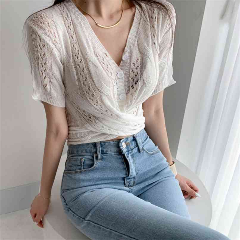 

Fashion Women' Knitted Cardigan Summer Twisted Waist Hollow Twist Short-sleeved Navel 210520, Green