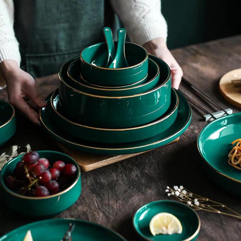 

Dishes & Plates Green Ceramic And Sets Gold Inlay Plate Steak Tableware Bowl Dinner Dish High Porcelain Dinnerware Set