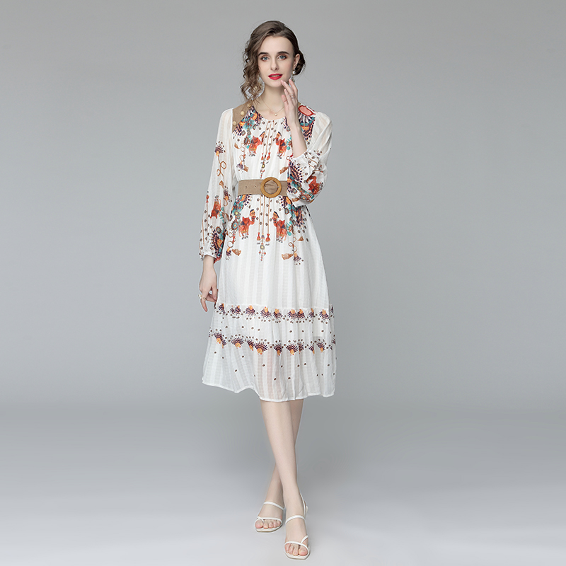 

Elegant White Belt Floral Dress Women 2022 Runway Designer Ladies Vacation Style Printed Casual Dresses Long Sleeve Spring Summer Chiffon Cute Flower Beach Frocks, Green