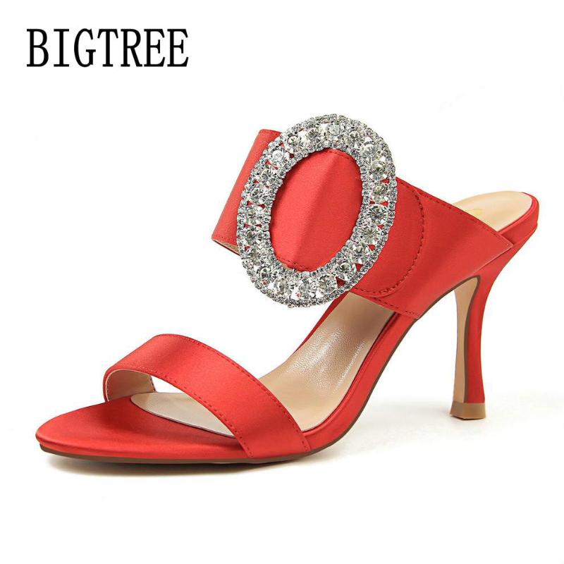 

Women Sandals 2021 Fashion Sexy Wedding High-Heeled Metal Large Diamond Buckle Satin Word Female Slippers Woman, Black