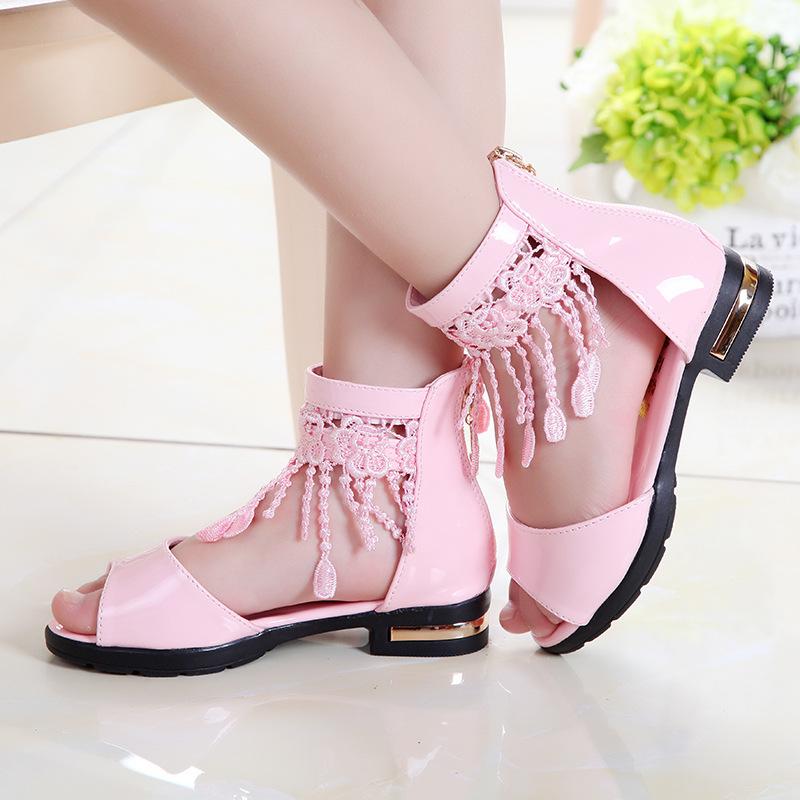 

Girl Princess Fashion Tassel Dance Party Kid Shoes Children'S Wedge Low-Heeled Beach Summer Sandals 3 4 5 6 7 8 9 10 11 12 Years, Pink