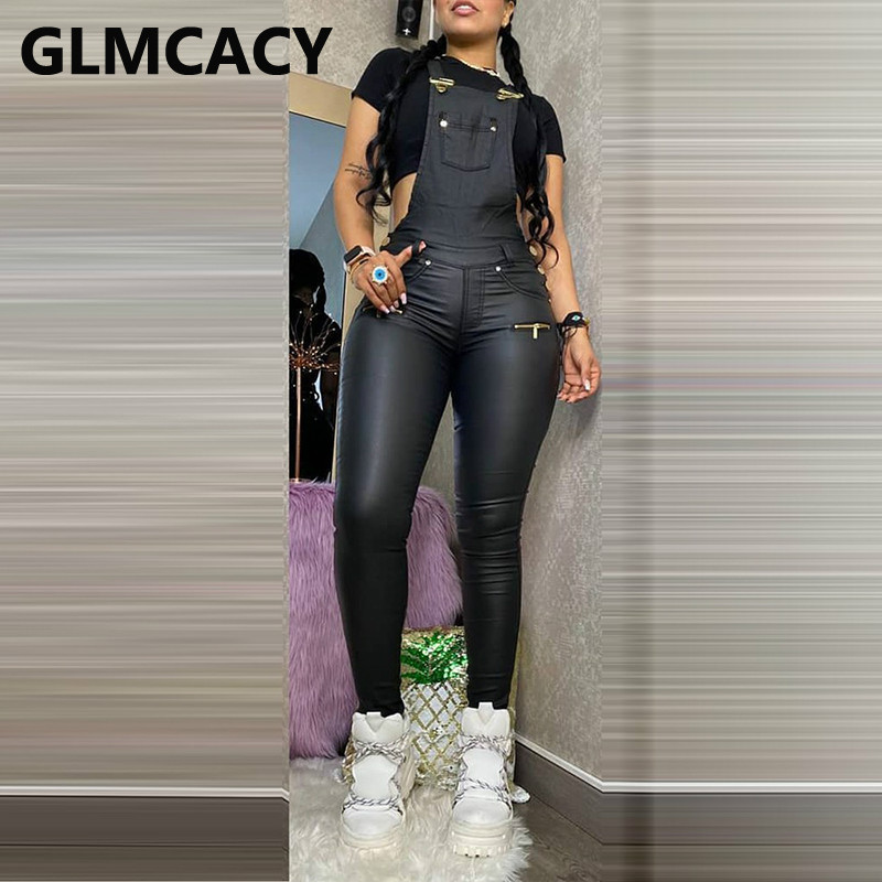 

Women Buckled Zipper Design Suspender Jumpsuit Solid Skinny Slim Fit Overall, Black