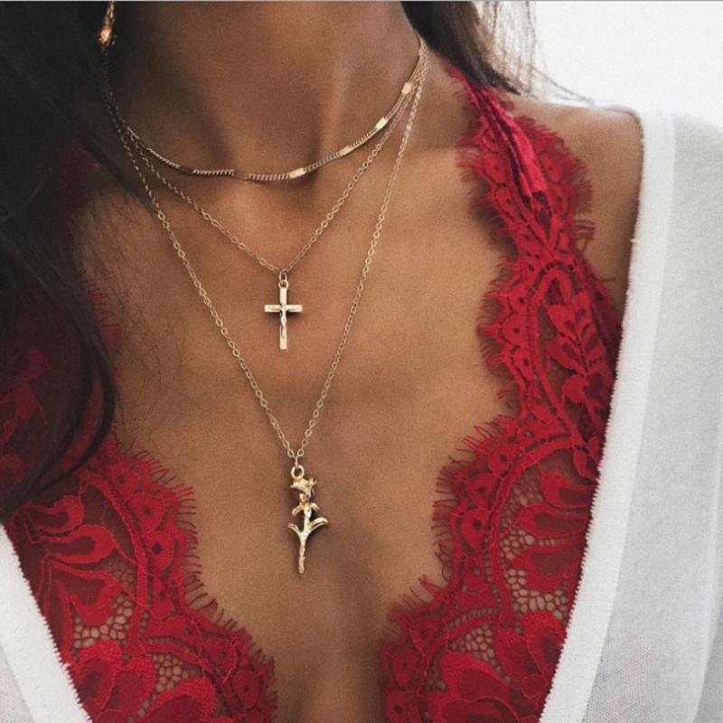 

Pendant Necklaces Fashion MultiLayer Rose Flower Necklace For Women Gold Color Link Chain Cross Choker Colliers Jewelry Gifts