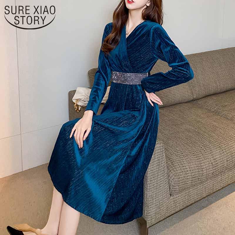 

Casual Dresses 2022 Spring Autumn Elegant High Waist Slim Long Dress V-neck Diamond Party For Women Winter Velvet Korean Vestidos 12555, Black;gray