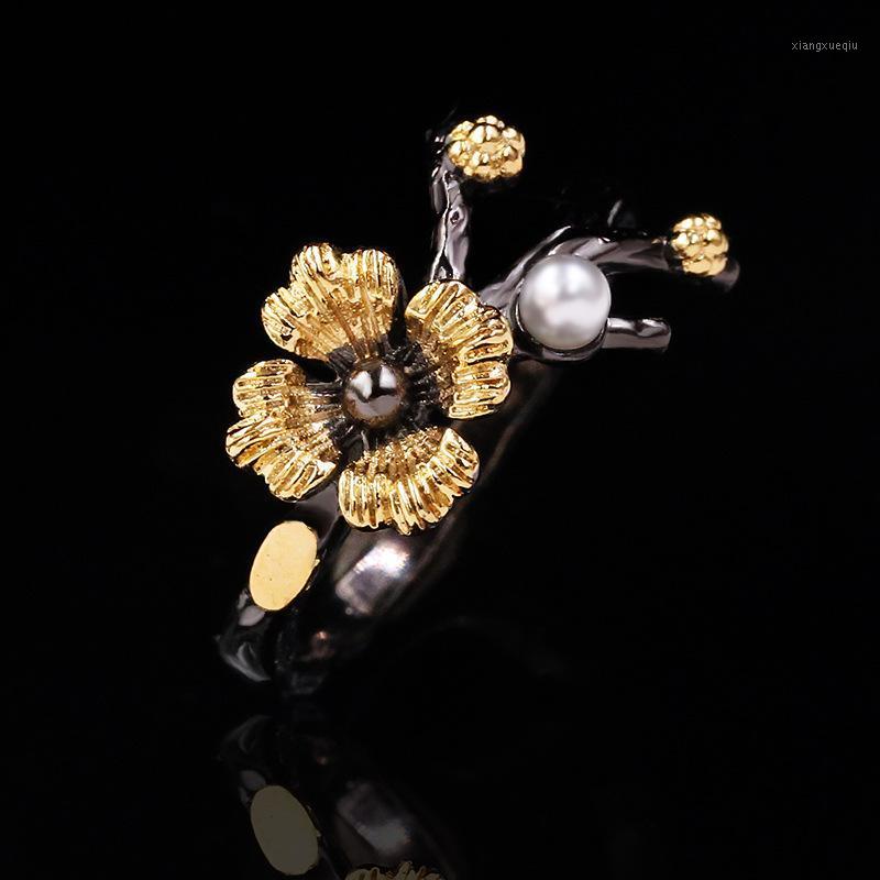 

Cluster Rings Fashion 925 Sterling Silver Delicate Daisy Flower Ring Ladies Vintage Black Gold Baroque Pearl Branch Jewelry Gift, Golden;silver