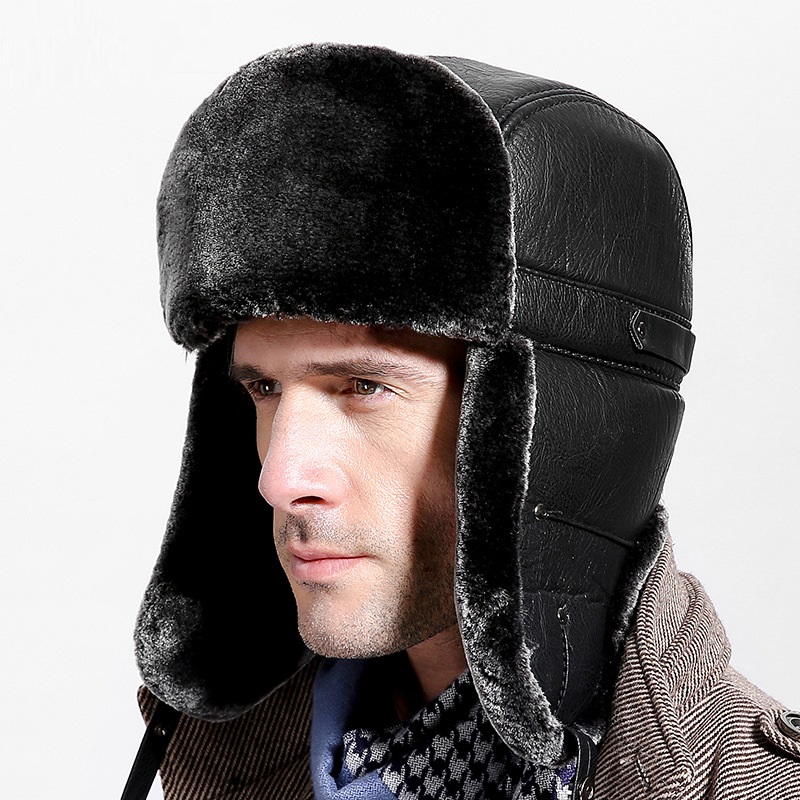 

Men Faux Leather Winter Ushanka Hat Adult Leather Faux Fox Fur Russian Hat Women Men Soviet Bomber hats Snow Cap, Black