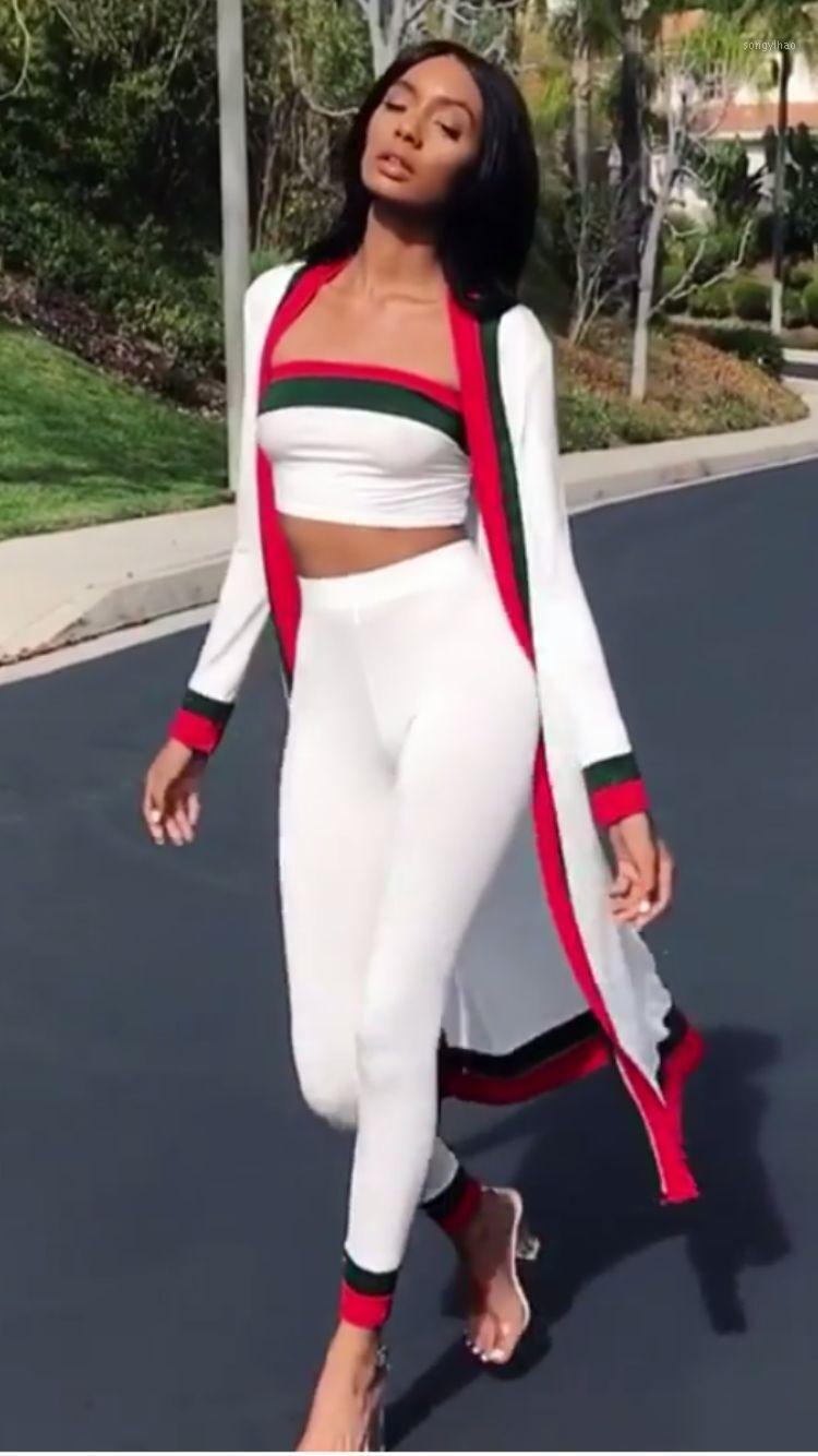 

Top Quality Sexy Women 3 Pieces Sets Striped Coat Rayon Jumpsuit Bandage Evening Party 2021 Women's Tracksuits, White