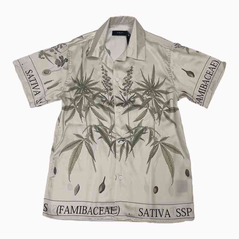 

Hot Selling Trendy Brand Ins New Silk Casual Shirt Casablanca*A miri Plant Tree Bamboo Leaf Flower Printing High Street Men' and Women' Short Sleeved Shirt, Beige