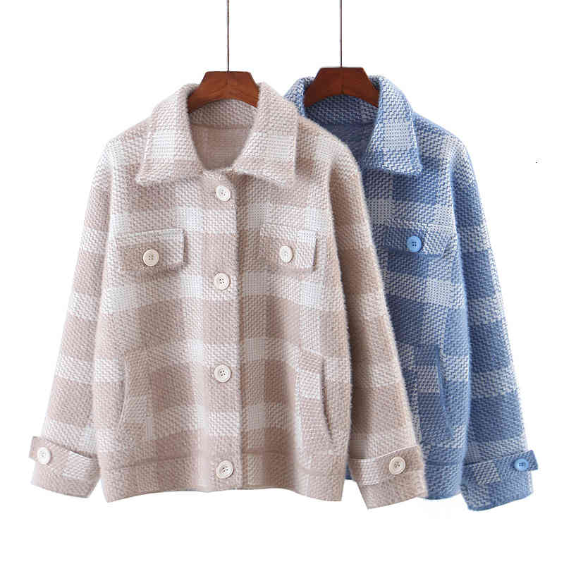 

Women's Down & Parkas women autumn Plaid print knit jacket office ladies long sleeve Turn-down Collar casual stylish outwear coat, Black