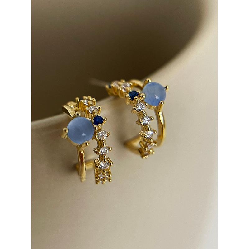 

Hoop & Huggie Peri'sBox French Blue Opal Zircon C Shaped Earring For Women Small 2 Layers Cz Earrings Exquisite Jewelry Trend, Golden;silver