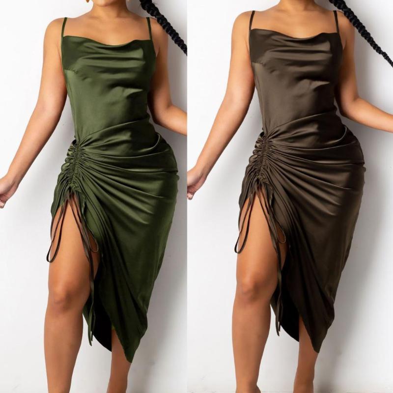 

Women' Swimwear Sexy Lady Sleeveless Dress Ruched Satin Summer Drawstring Spaghetti Straps Cowl Neck Backless Long Dresses For Women Party, White