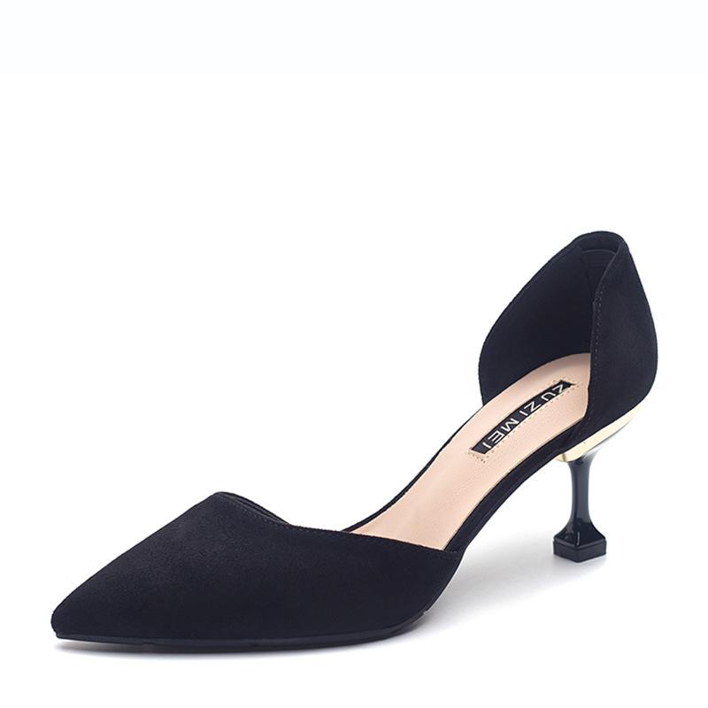

Dress Shoes Spring And Autumn Pointy Suede Stiletto Heel High Heels Female Shallow Mouth Set Foot Single Shoe Black Occupation