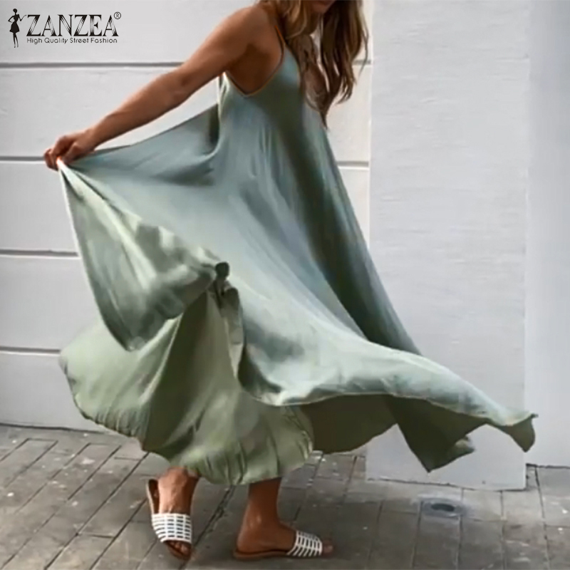 

2021 ZANZEA Women Summer Dress Big Swing A Line Dresses Holiday Beach Sundress Sexy Sleeveless Solid Vestidos Party Robe Femme, Black