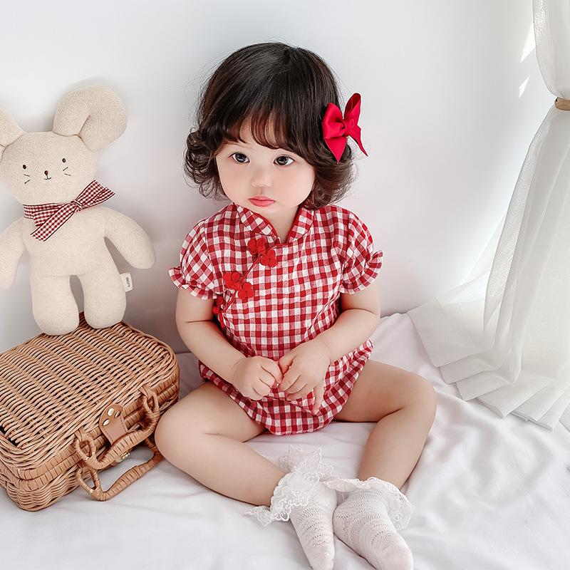 

Jumpsuits Baby Girls Cheongsam Short Sleeve Romper Outfit Qipao Jumpsuit One Piece Festival Dress Kids Summer Clothes Girl, Red