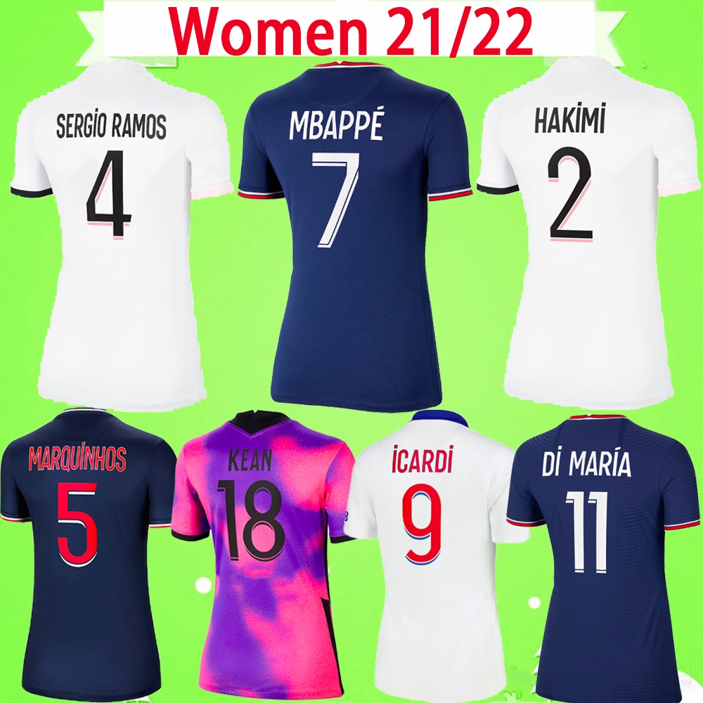 

WOMEN Soccer Jerseys MESSI 2021 2022 Paris fourth 3rd Home Away third HAKIMI SERGIO RAMOS MBAPPE 21 22 ladies football Shirt DI MARIA girls uniforms ICARDI VERRATTI, 21/22 women home